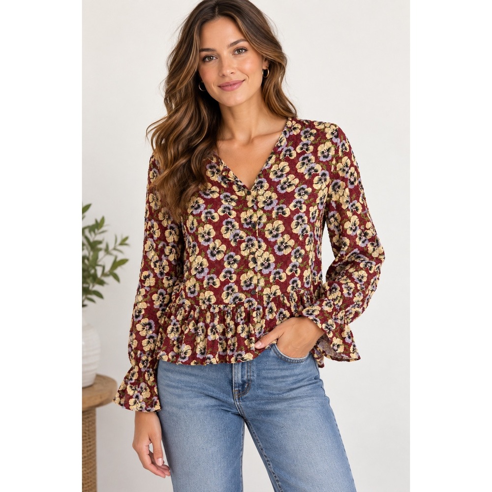 Madewell XS Burgundy Floral Textured Peplum Blouse Button Front Long Sleeve